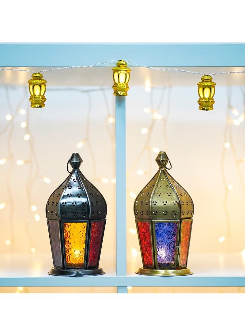 HilalFul Arabian Antique Red And Blue Glass Decorative Candle Holder Lantern | For Home Decor in Eid, Ramadan, Wedding | Living Room, Bedroom, Indoor, Outdoor Decoration | Islamic Themed | Moroccan - Image 3